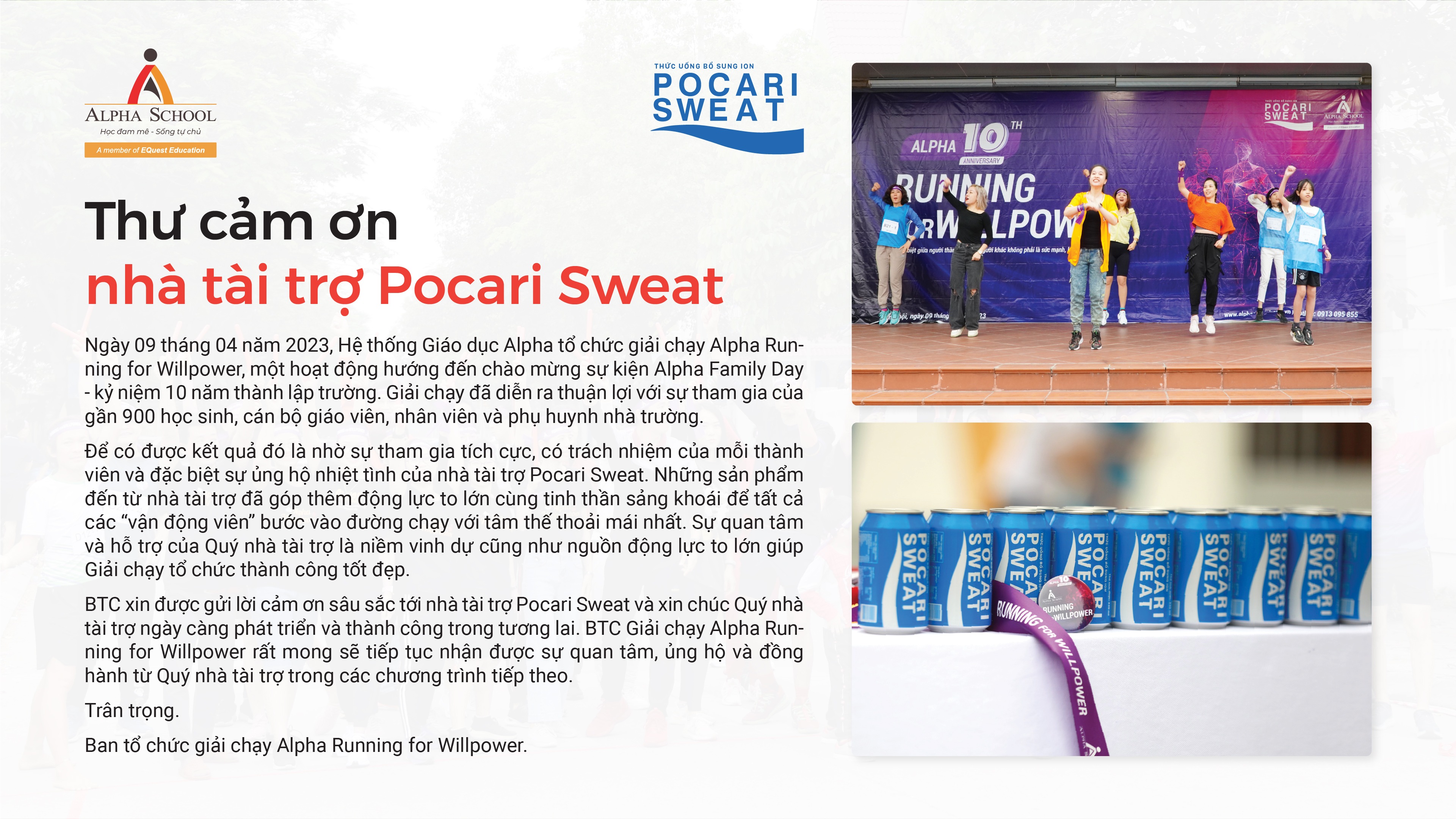 Thư cảm ơn nhà tài trợ Pocari Sweat